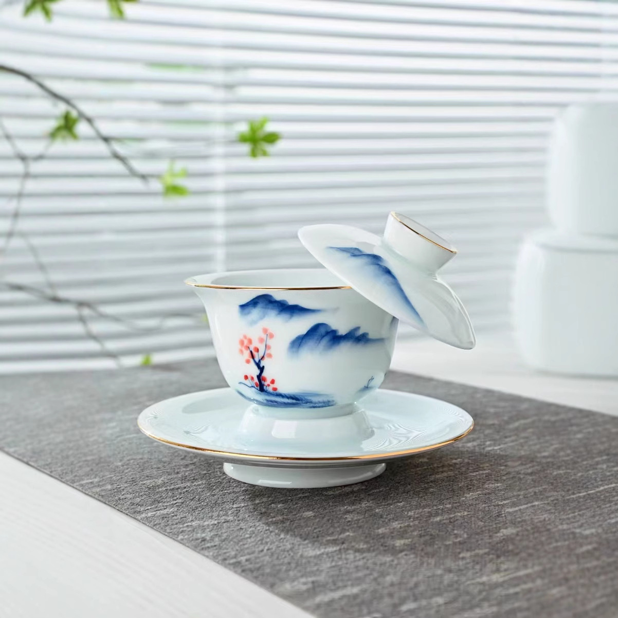 Bát sứ nephrite vẽ tay, nắp đậy, chén uống trà ba ngăn, bộ ấm trà kung fu, chén trà, bát trà nổi, kích thước lớn