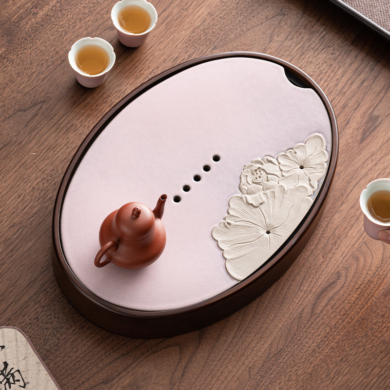 Khay trà hình tròn lò nung Khay trà bàn pha khô Kung Fu loại nhỏ phòng khách gia dụng khay trà Bộ đồ trà gốm sứ khay để ráo nước