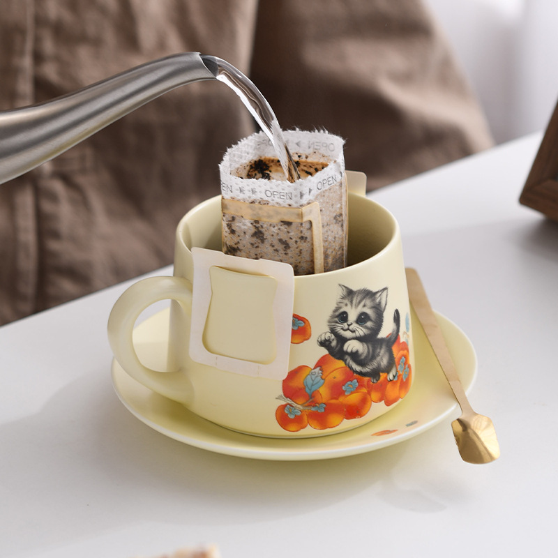 Cốc cà phê vẽ tay gốm sứ hồng mèo cốc lọc cốc trà gia dụng bộ đĩa cốc trà chiều văn phòng