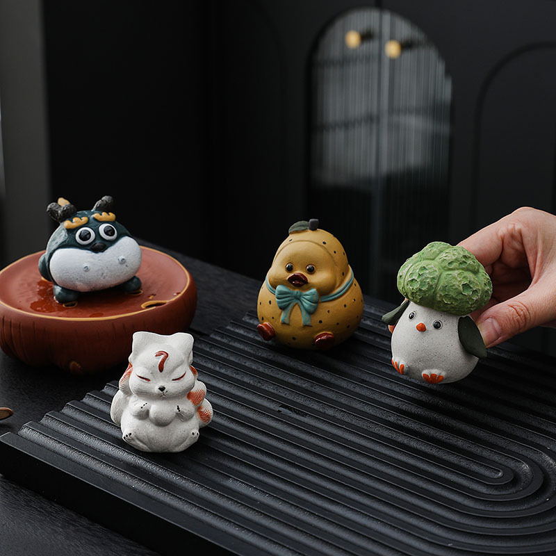 Đồ trang trí thú cưng trà cát tím quặng thô, trang trí bàn trà, đồ chơi trà sáng tạo thủ công, phụ kiện bộ trà có thể nuôi được, cáo trắng nhỏ