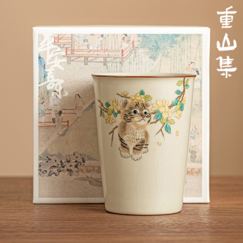 Cốc cầm tay mèo dễ thương Ru Kiln cốc gốm sứ cốc pha trà cỡ lớn dùng trong gia đình cốc cà phê cá nhân dùng trong gia đình dung tích lớn