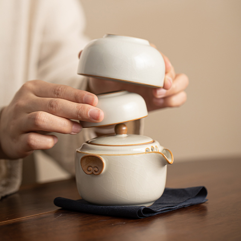 Bộ ấm trà du lịch Ruyao Ruyi, cốc phục vụ khách nhanh bằng gốm Sứ ngoài trời, một ấm hai cốc, Bộ trà di động, có thể mở và giữ