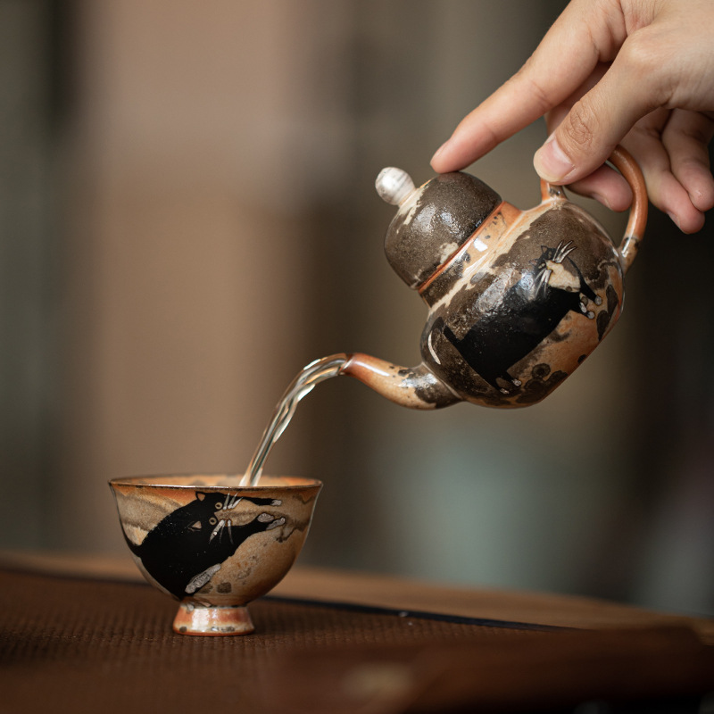 Ấm trà Siting mèo Shiye phong cách Nhật Bản ấm trà gốm sứ bạc vẽ tay Bộ trà Kung Fu cổ điển có lọc tách trà