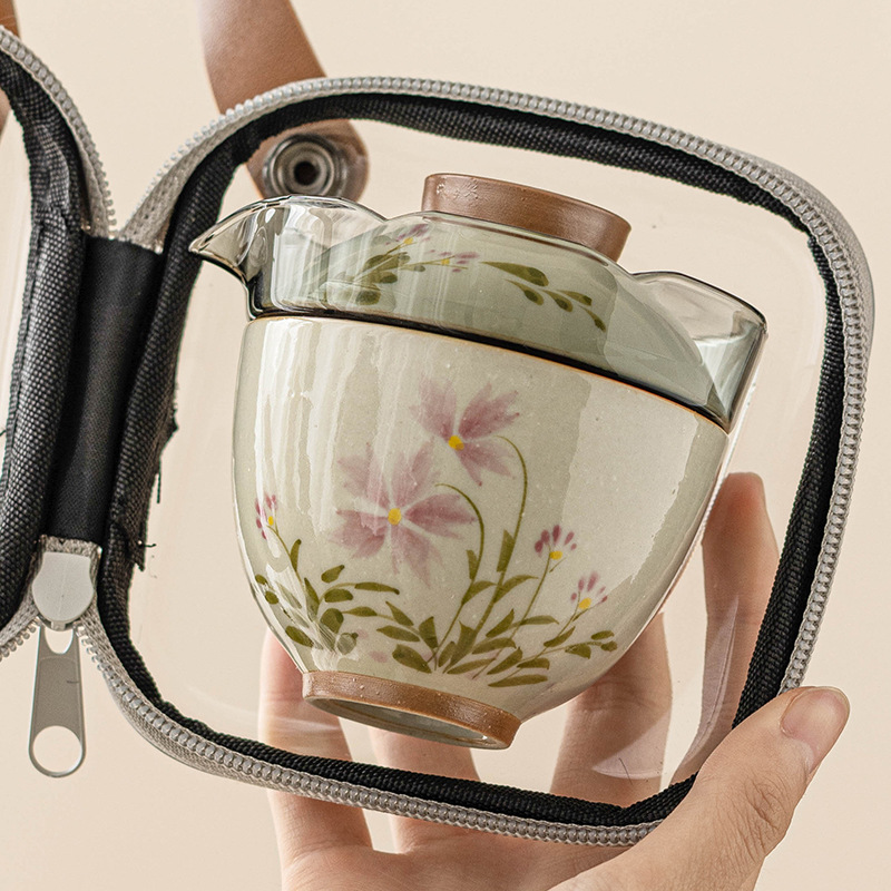 Vẽ tay hoa cúc nhỏ cốc khách nhanh gốm sứ ngoài trời một bình Hai cốc Bộ trà du lịch ấm trà Di động Túi du lịch