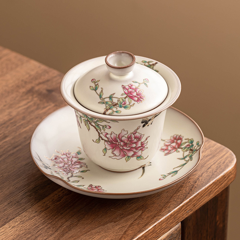 Cốc trà cốc trà bát trà hoa mẫu đơn đông mỡ lợn có nắp pha trà sứ gia dụng