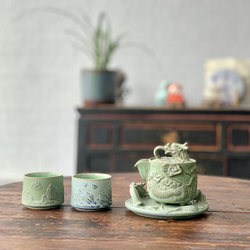 Chen Weichun đã xây dựng một tách trà rồng và phượng phù điêu Thiên mục Yao thay đổi tách trà thủ công cốc chủ sở hữu cốc cặp cốc hộp quà