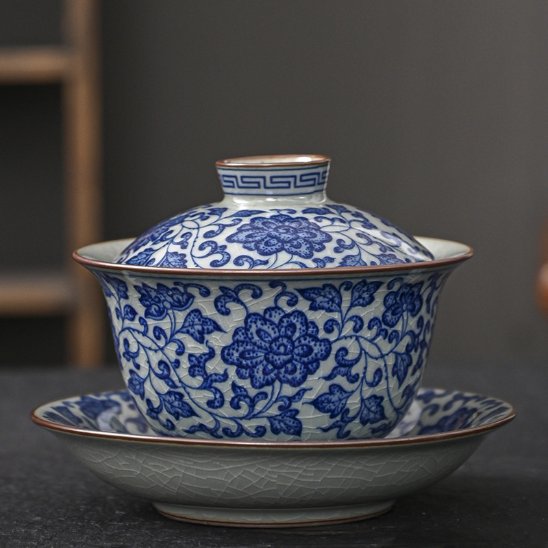 Jingdezhen màu xanh và trắng gốm sứ ba tài năng cốc trà bộ trà một bộ trà Kung Fu cao cấp bán buôn bát pha trà có nắp