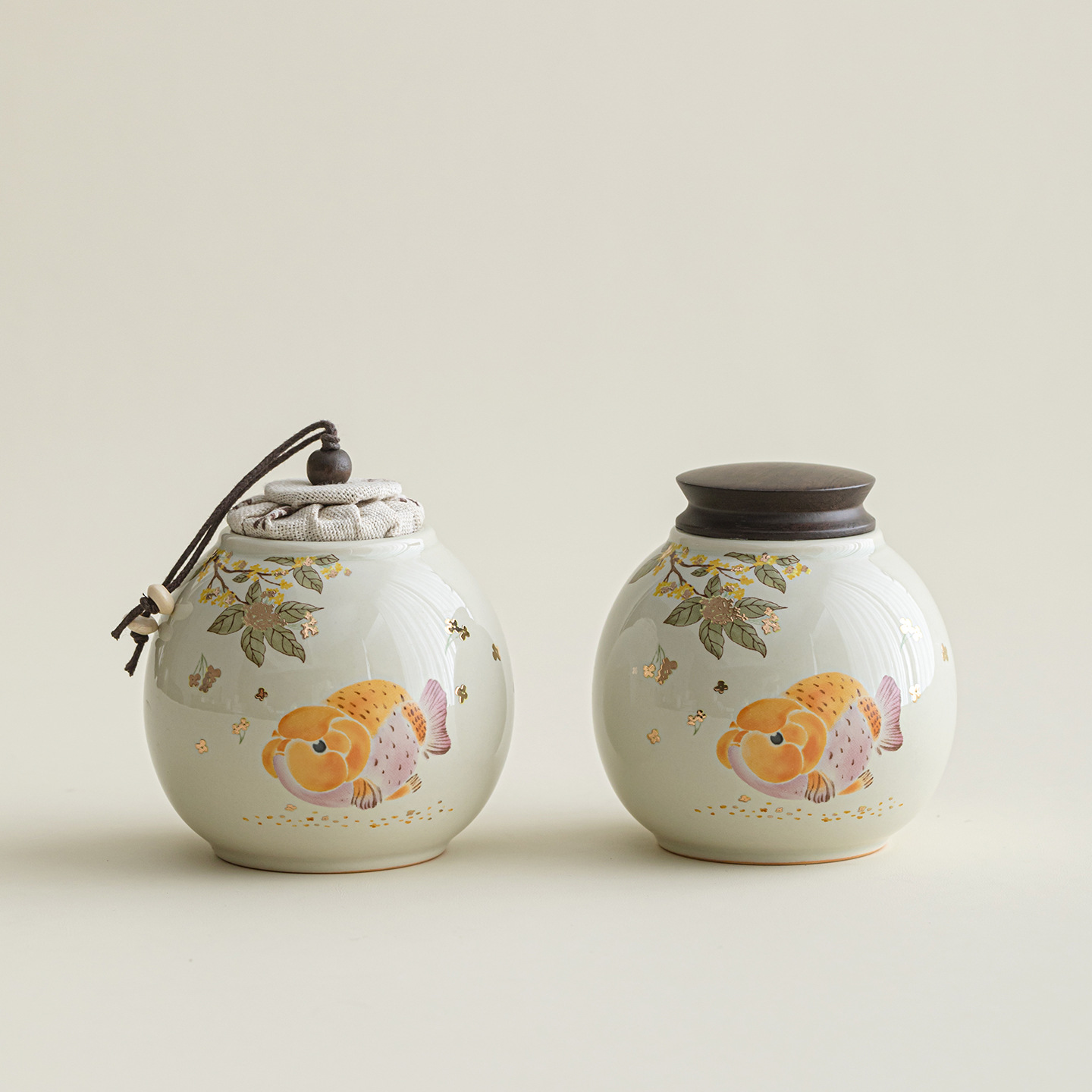 Thùng trà cá osmanthus vàng xám cỏ gió quốc gia, thùng kín gốm sứ gia dụng, thùng bảo quản di động ngoài trời, thùng chống ẩm