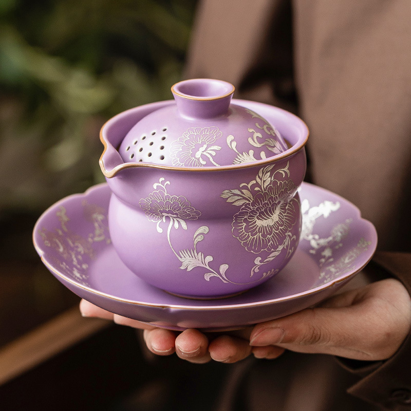 Chậu cầm tay gốm sứ, mẫu đơn bạc, bình trà tử đinh hương, bình trà Fulu màu tím, cốc trà, bát pha trà có lọc chống bỏng cao cấp