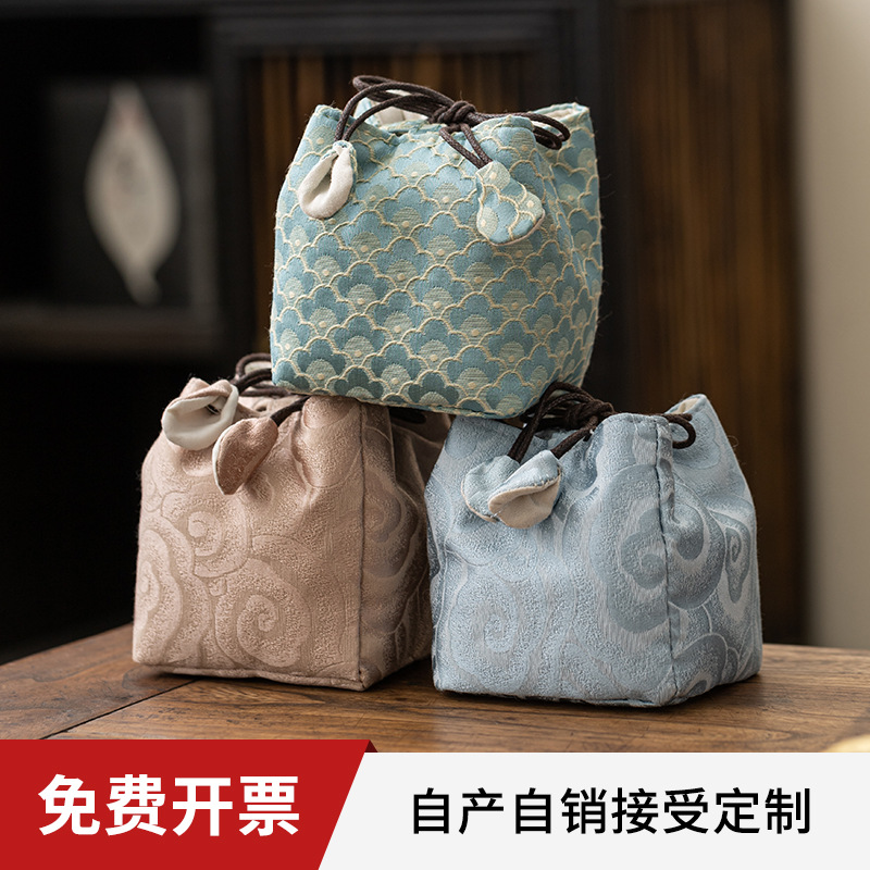 Túi đựng đồ du lịch, túi đựng cốc dệt mây, túi đựng đồ cổ điển Trung Quốc mới chống rơi thủ công bằng vải, vải đựng bộ ấm trà