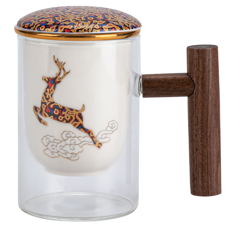 Cốc pha trà lọc bằng gốm tay cầm bằng gỗ Juting Cốc pha trà tách nước trà thủy tinh có nắp cốc trà hoa tùy chỉnh