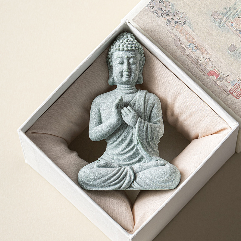 Đồ trang trí nhỏ tượng Phật năm phật bằng đá sa thạch xanh, đồ trang trí tiểu cảnh bể cá, đồ thủ công mỹ nghệ phòng trà phòng khách bàn cà phê thiền thú cưng trà