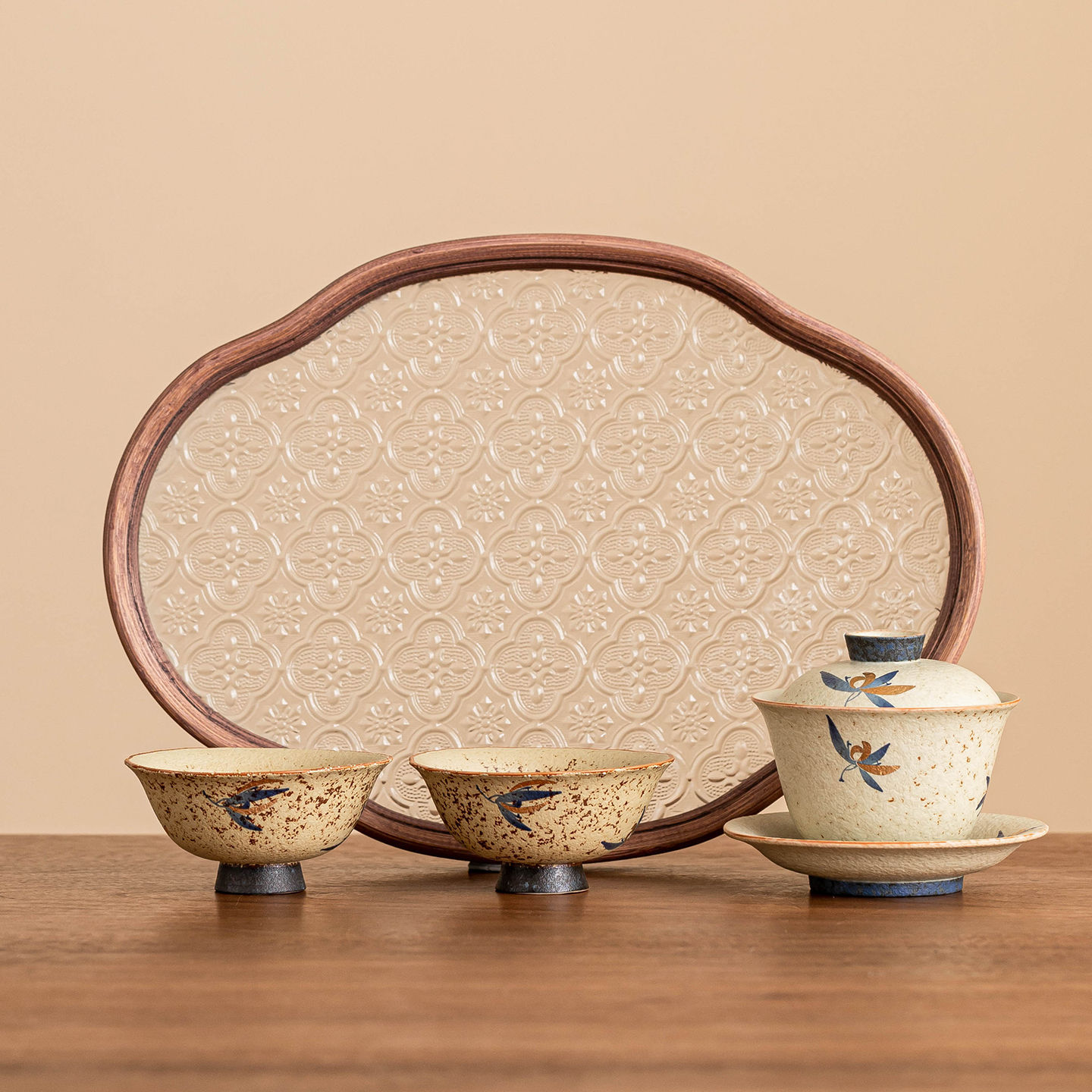 Bộ bát có nắp tam tài màu xanh trắng đá lửa bộ nhỏ bộ trà hoa lan hồ điệp vàng bộ trà công phu cao cấp dùng trong gia đình