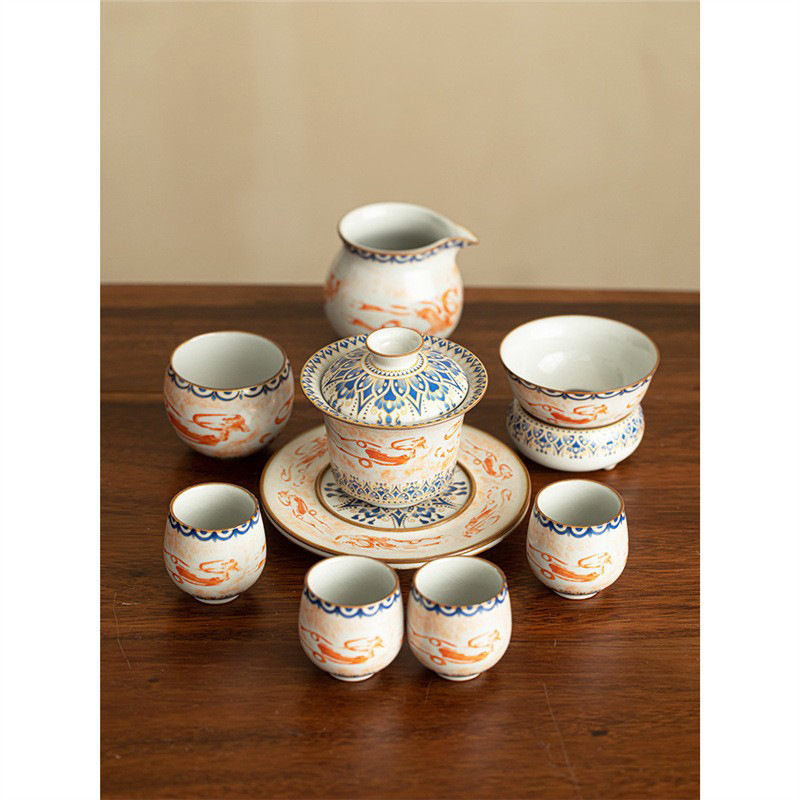 Ruyao Đôn Hoàng Flying Sky Horseshoe Sancai Bát có nắp Bộ ấm trà Kung Fu Bộ chén trà gốm sứ gia dụng trọn bộ