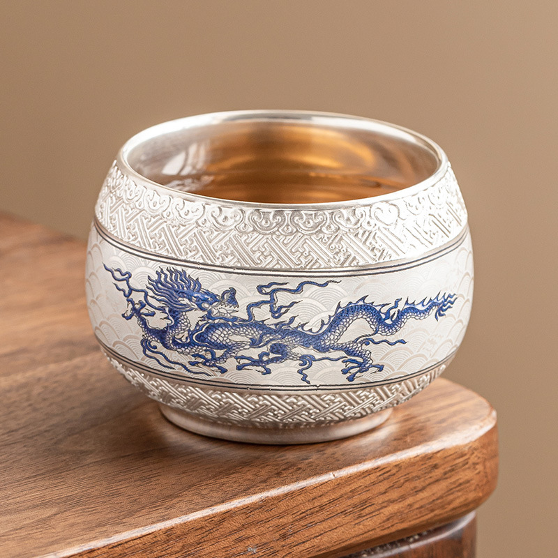 Cốc chủ nhân mẫu mới 2025 cốc trà cao cấp 999 mạ bạc rồng bay lên mây thiền cốc nếm trà cốc trà