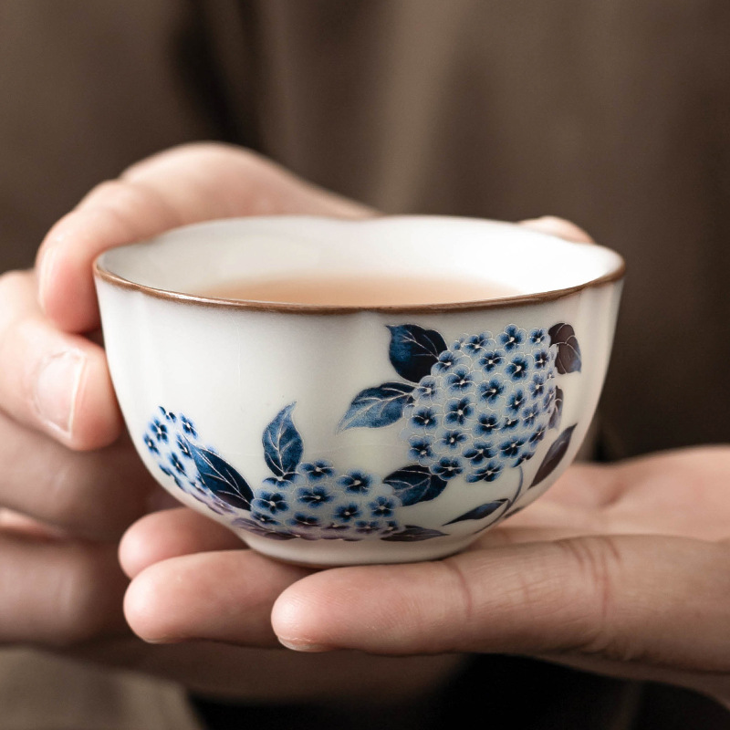 Cốc trà nhỏ tinh tế Ruyao cốc mỡ lợn đông lạnh hoa cẩm tú cầu Ruqing cốc uống trà cốc trà cốc chủ nhân cốc đơn