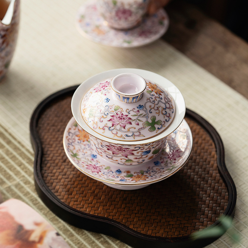 Bát tráng men vàng thủ công, bát có nắp ba tài bằng gốm sứ Jingdezhen, bát pha trà vẽ tay, bộ trà Kung Fu cỡ lớn