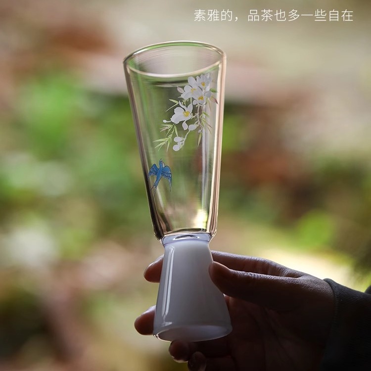 Cốc Trà Hoa Mộc Lan chân cao cốc thủy tinh chịu nhiệt cao gia dụng cốc chủ nhân chống bỏng cốc trà cao cấp Trung Quốc thủ công