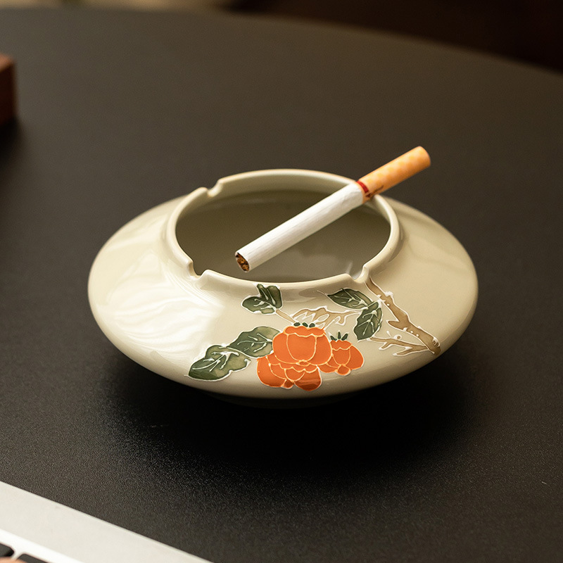 Gạt tàn hồng hồng vẽ tay cảm giác phòng khách cao cấp gốm sứ phong cách Trung Quốc gia dụng Gạt tàn công suất lớn chống gió chống tro bay