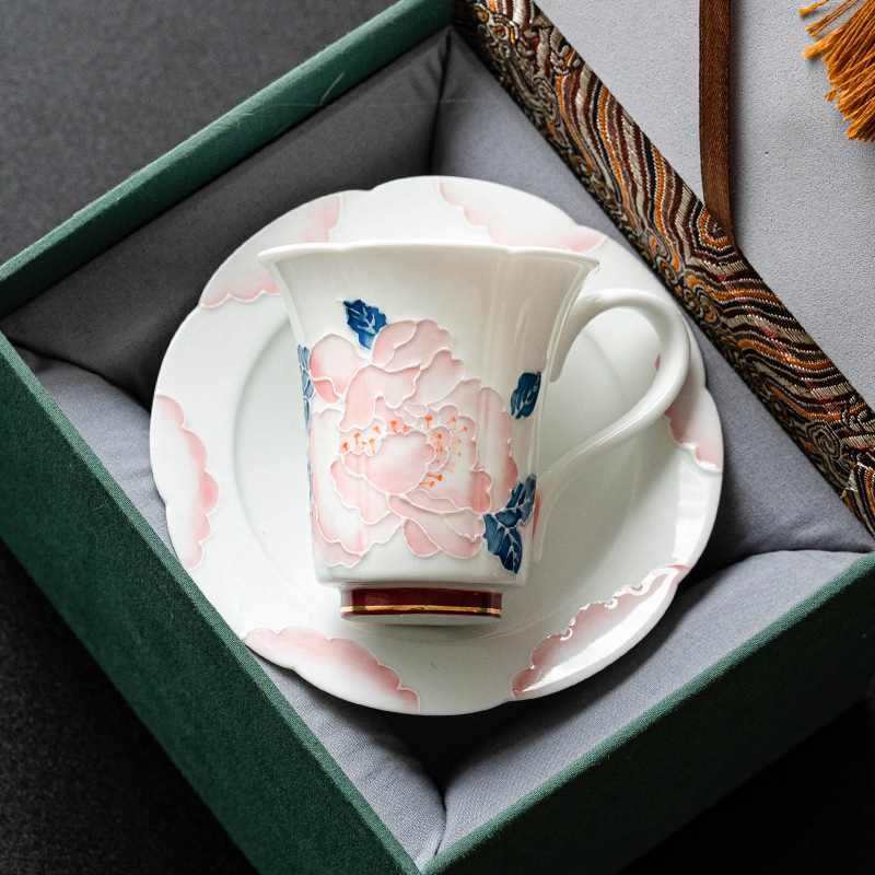 Bộ cốc và đĩa cà phê hoa mẫu đơn vẽ tay cho nữ cao cấp tinh tế cốc gốm sứ giá trị cao cốc nước