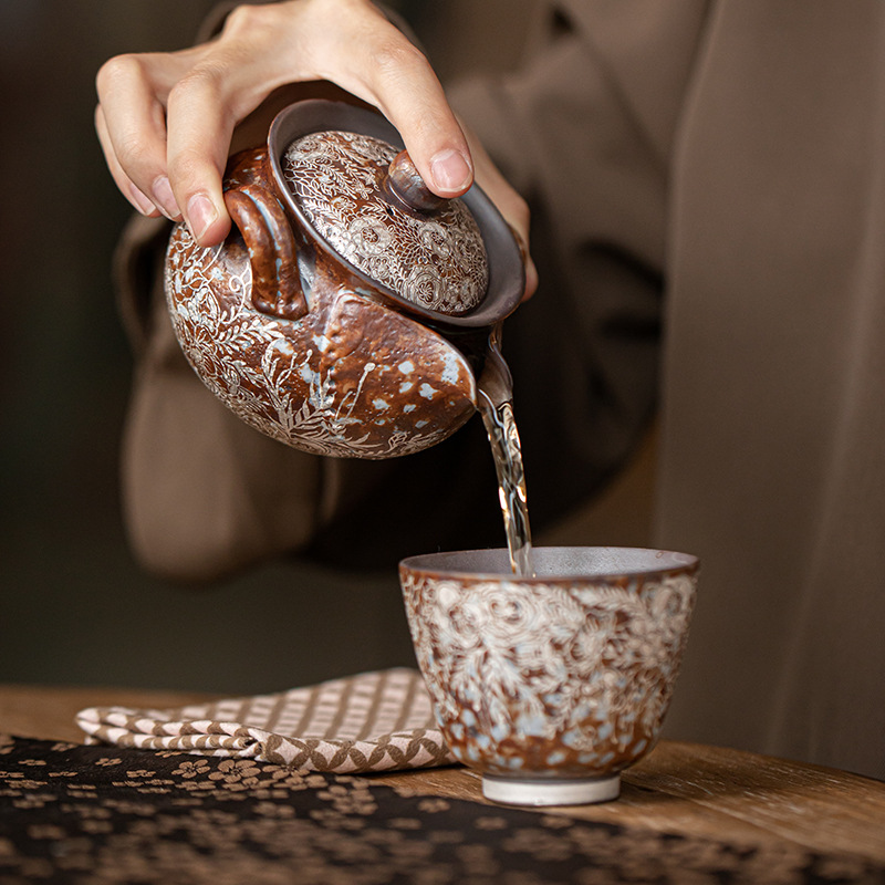 Ấm đun nước cầm tay bằng bạc mạ hoa, ấm pha trà Kung Fu bằng đất sét đá cũ, ấm pha trà, bình kho báu, bát có nắp chống bỏng