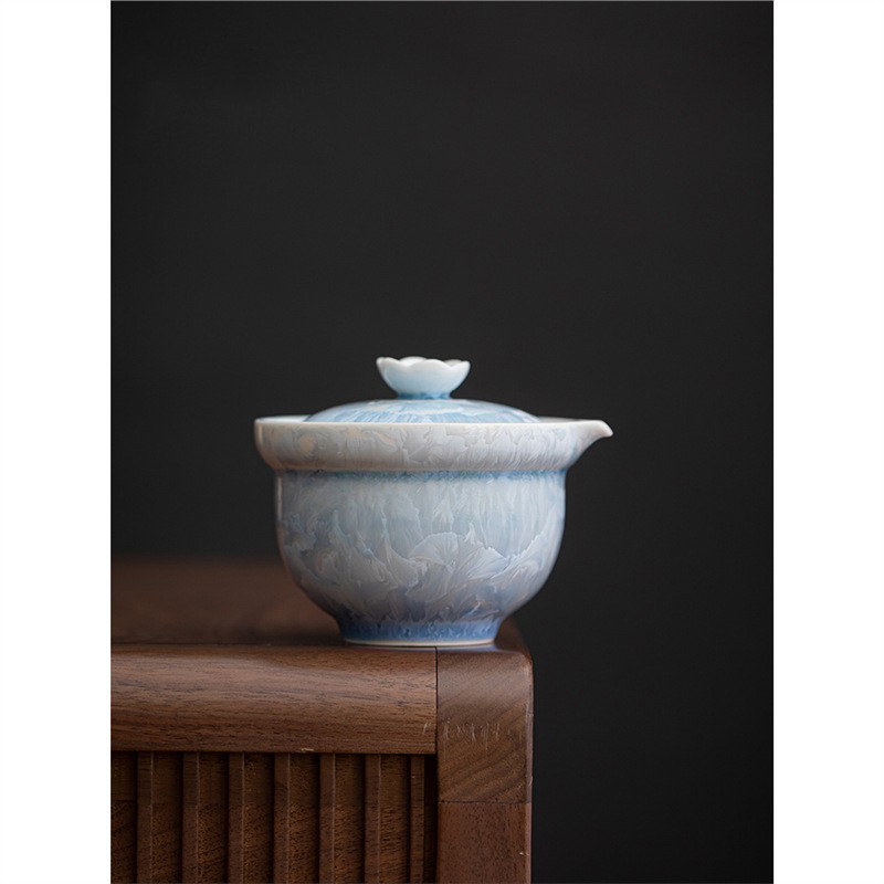 Ấm tay cầm tay tráng men pha lê cao cấp bộ trà Kung Fu gia dụng lò nung biến màu xanh băng hoa Aquarius bình ấm trà hộp quà bán buôn