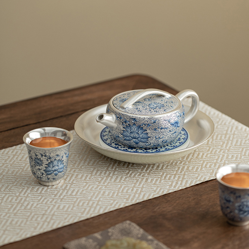 Bộ ấm gốm sứ Hàn Hoa sen mạ bạc Bộ ấm một ấm hai cốc có ấm gốm sứ Bộ ấm trà Kung Fu Quà tặng doanh nghiệp