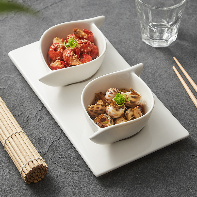 Món ăn gốm sứ Dehua Món tráng miệng Món ăn vặt cao cấp sang trọng nhẹ gia dụng Đĩa nước sốt lẩu Bộ khay hai tai
