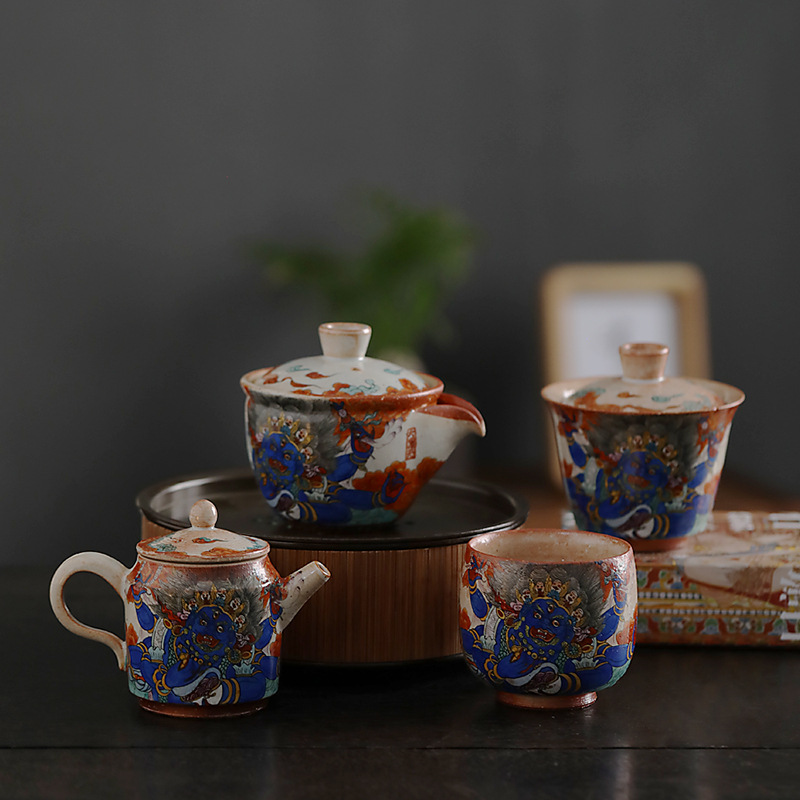 Ấm trà thangka bầu trời đen lớn vẽ tay Shiinoyaki Bộ trà Kung Fu cổ điển Ấm pha trà gốm sứ hoàn toàn bằng tay