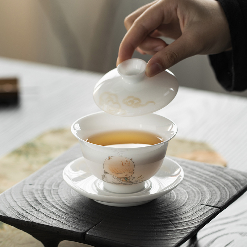 Đá loại ngọc sứ vẽ tay Sơn Hải Kinh Tam tài có nắp bát trà bát trà lớn gia dụng không nóng bát trà cốc trà