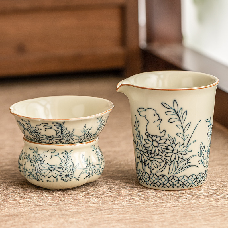 Phụ kiện bộ trà gốm lọc trà hoa hướng dương dễ thương thỏ bộ trà bộ ba món đồ lọc trà tiếp khách kiểu Trung Quốc