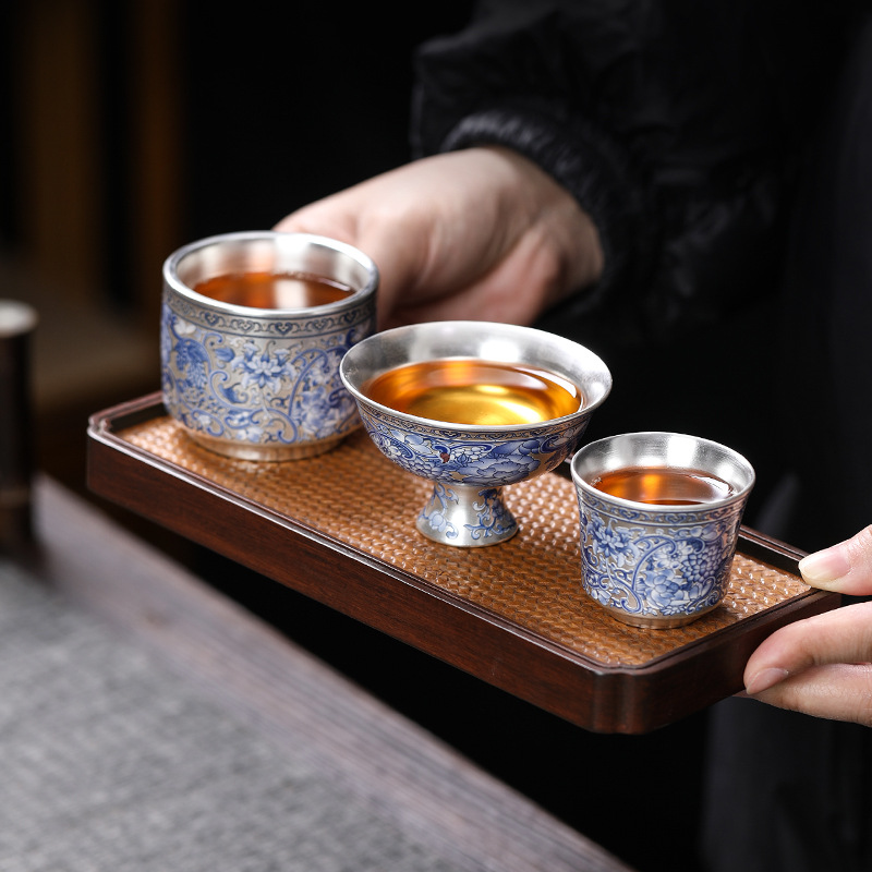 Cốc trà 999 màu xanh và trắng cổ điển mới cốc trà bạc mạ gốm sứ gia dụng đơn tách trà bộ trà Kung Fu cốc trà