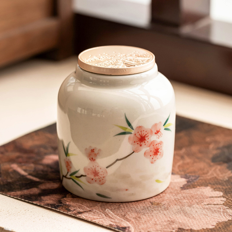 Lọ gốm hoa đào, hộp đựng trà, phụ kiện bộ trà gia dụng, hộp đựng trà, hộp đựng trà kín, chống ẩm, hộp đựng trà