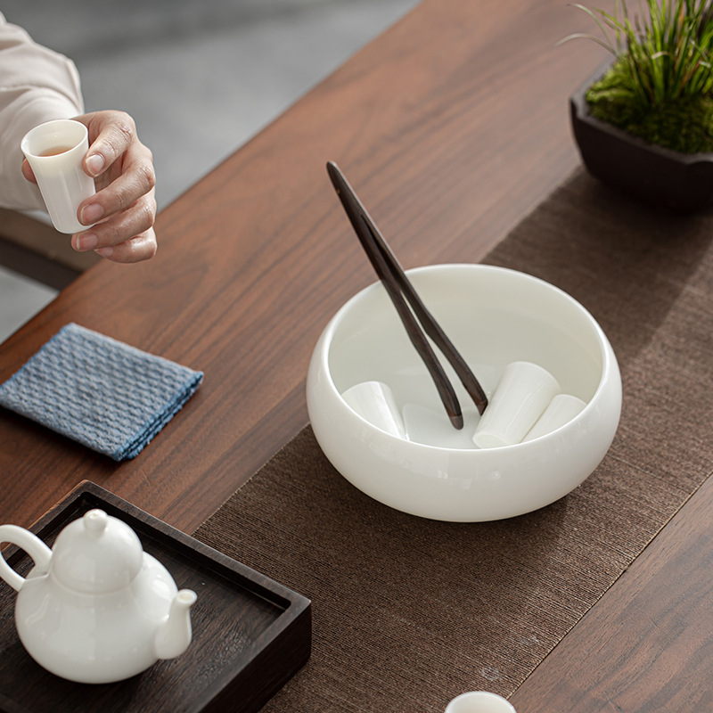 Dehua mỡ cừu ngọc trắng sứ rửa chén lớn nhỏ rửa chén rửa bát bát đựng nước thùng đựng bã trà phụ kiện trà đạo Kung Fu