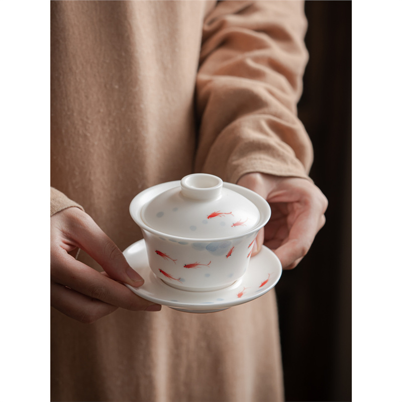 Cao cấp vẽ tay chơi cá lò Bairu ba cái nắp đậy bát pha trà gốm sứ cốc sứ Trung Quốc có nắp đơn chống bỏng