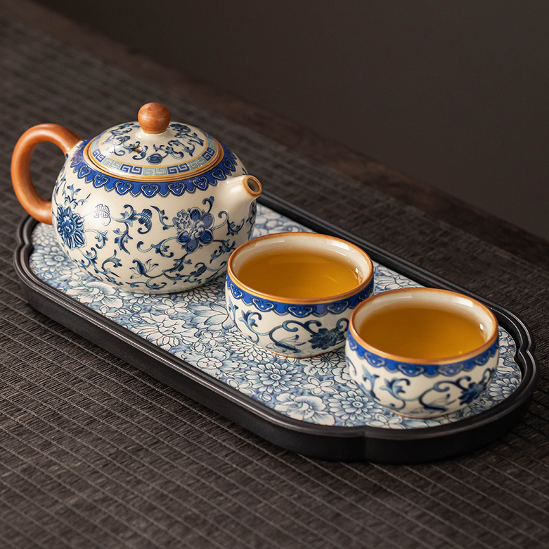 Bộ ấm chén trà Kung Fu Ru Kiln xanh trắng, một ấm hai chén, bộ nhỏ, ấm trà gốm sứ, khay trà, bộ pha trà cho 0.05kg người