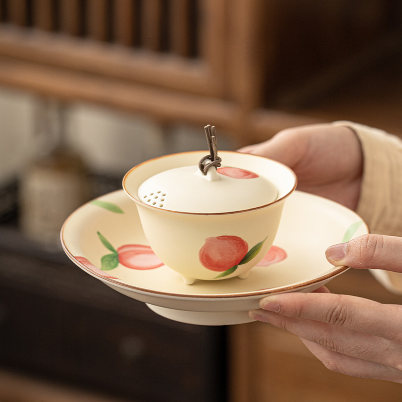 Bột gốm Baichang vẽ tay đào ba tài năng bát phụ nữ pha trà nhà sản xuất cốc cá nhân