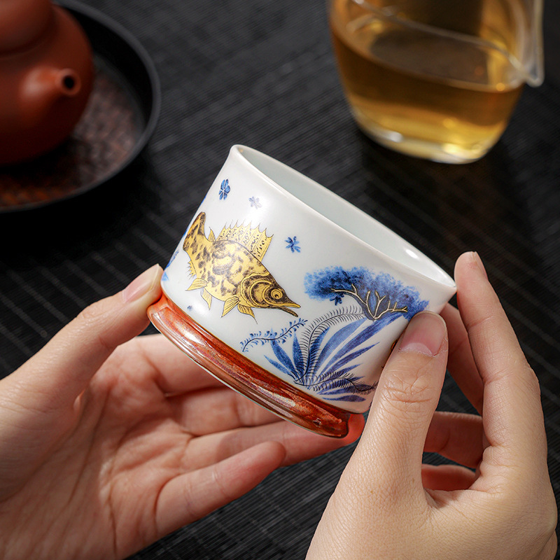Soda tráng men Rongtian Cup-Cá và tảo Cốc chủ nhân Cốc uống trà gốm sứ gia dụng Cốc trà Bộ trà Kung Fu Chén trà