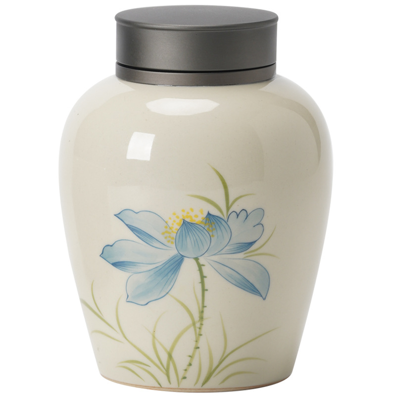 Bình trà hoa sen xanh xám thực vật, bình kín, bình đựng trà gia dụng cao cấp cao cấp, bộ trà kho trà lớn chống ẩm