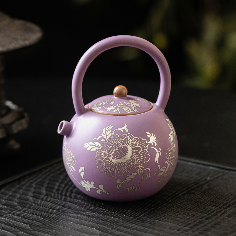 Ấm trà gốm sứ đầy đủ chạm khắc hoa mẫu đơn bạc Ấm trà gốm sứ cao cấp để pha trà gia dụng nhỏ không nóng tay Bộ trà Kung Fu đơn