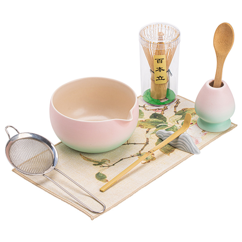 Bộ tám món matcha màu hồng và xanh lá cây gradient, bát matcha, bát matcha, dụng cụ pha trà thời nhà Tống, máy đánh trà bằng gốm, sàng bột 100 mảnh