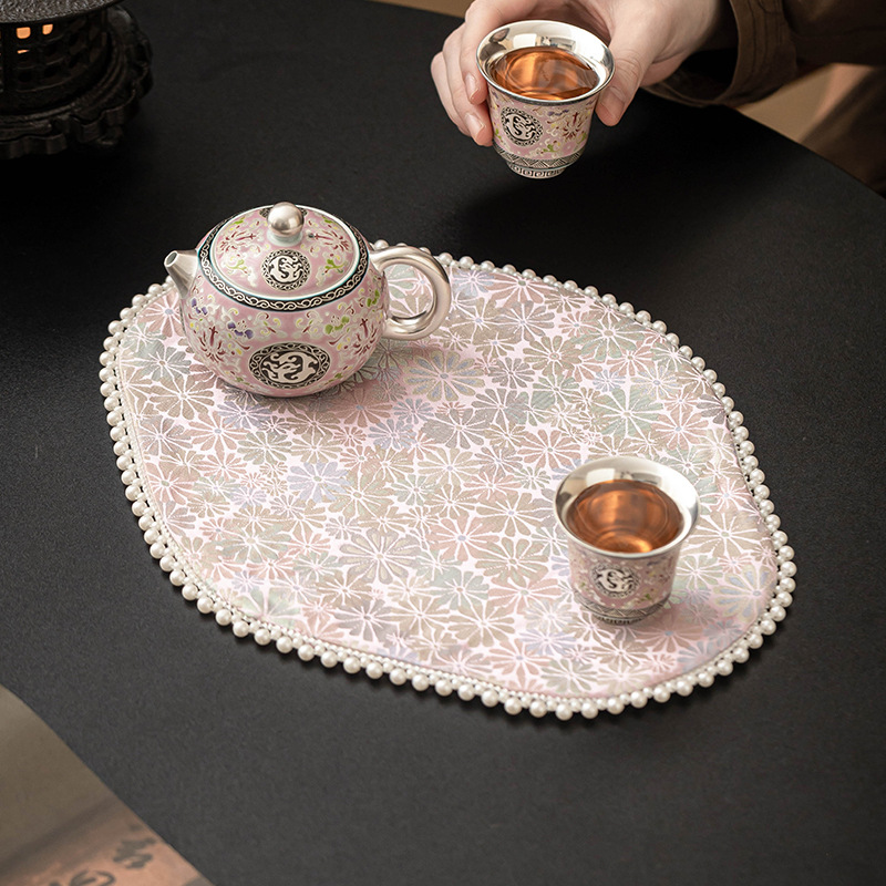 Thảm trà hoa cúc dệt gấm, khăn trà ngọc trai, thảm trải bàn nghệ thuật vải thiền kiểu Trung Quốc mới, thảm trà hai mặt, phụ kiện trà đạo