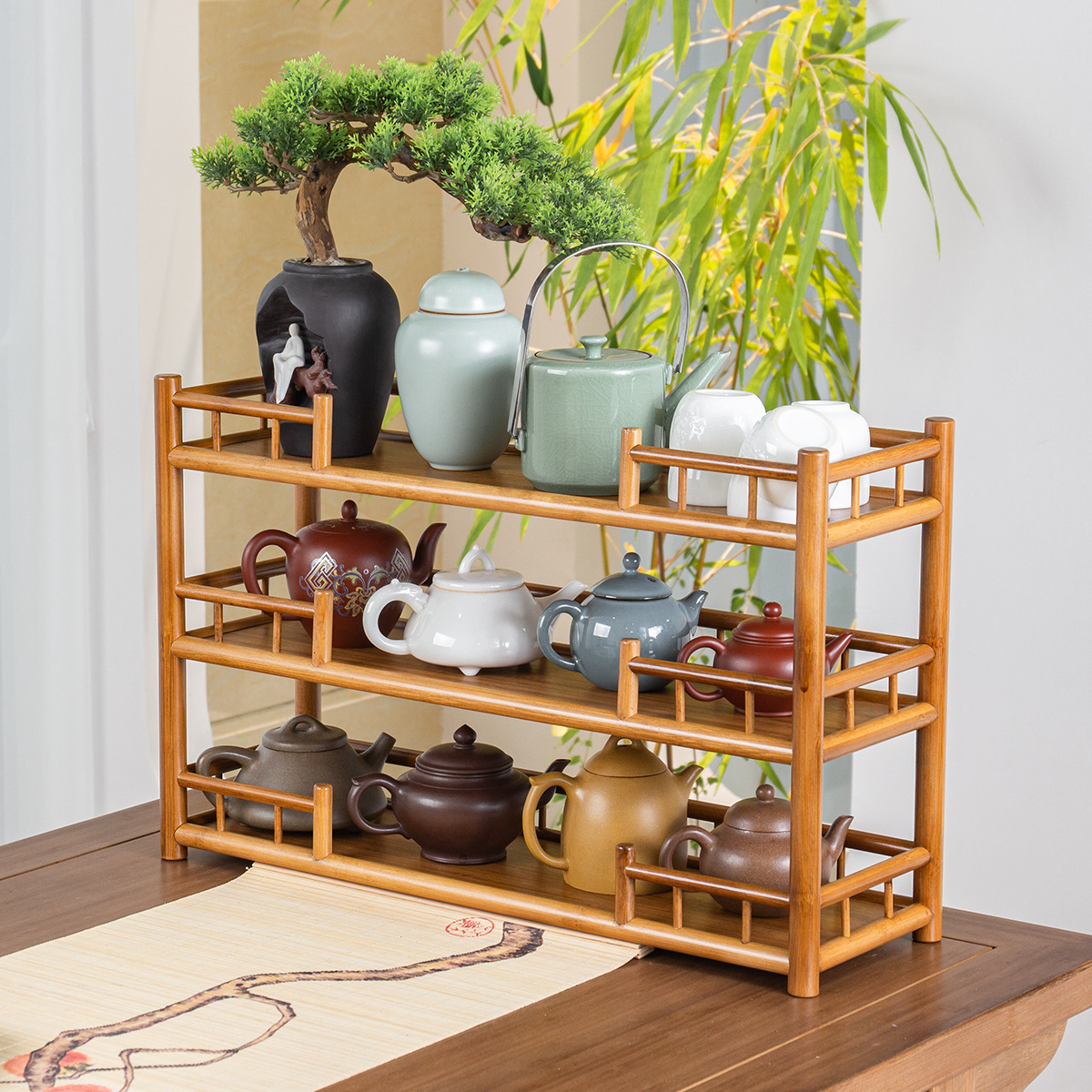 Hàng rào ấm chén tre giá đựng đồ để Bàn khay trà Bộ trà kiểu Trung Quốc Bộ trà cốc đựng Ấm tử sa kiểu Trung Quốc