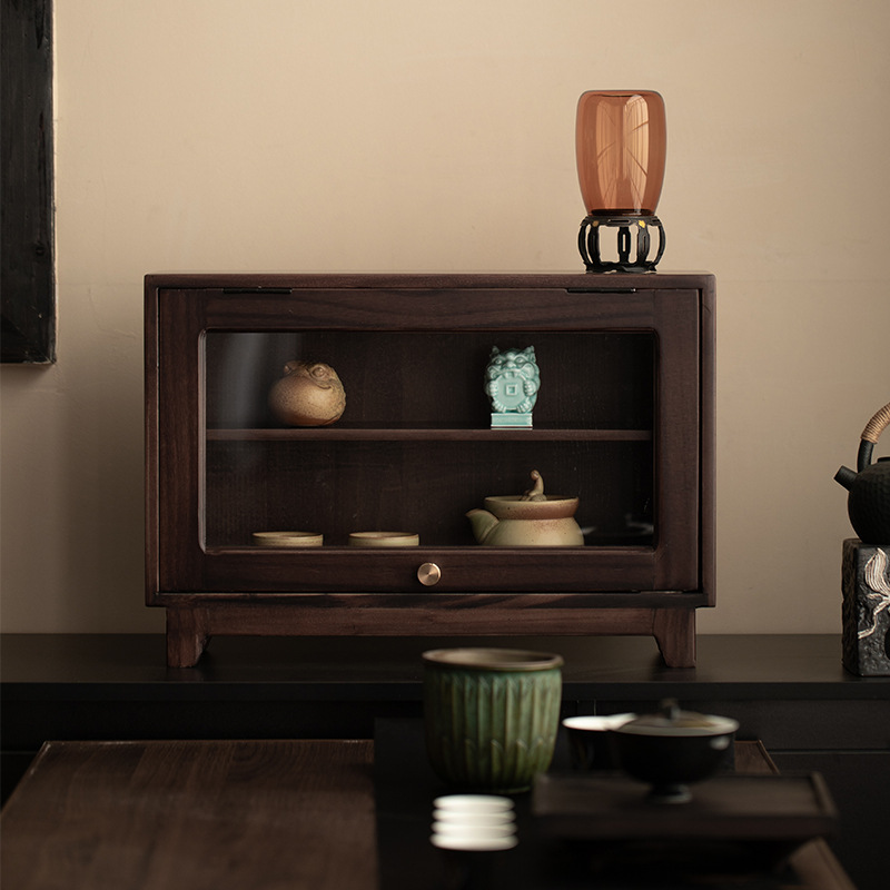 Máy tính để bàn bằng gỗ nguyên khối kiểu Trung Quốc, hộp đựng đồ đựng cốc trà, giá đựng trà Bogu, tủ trưng bày gỗ óc chó đen treo tường