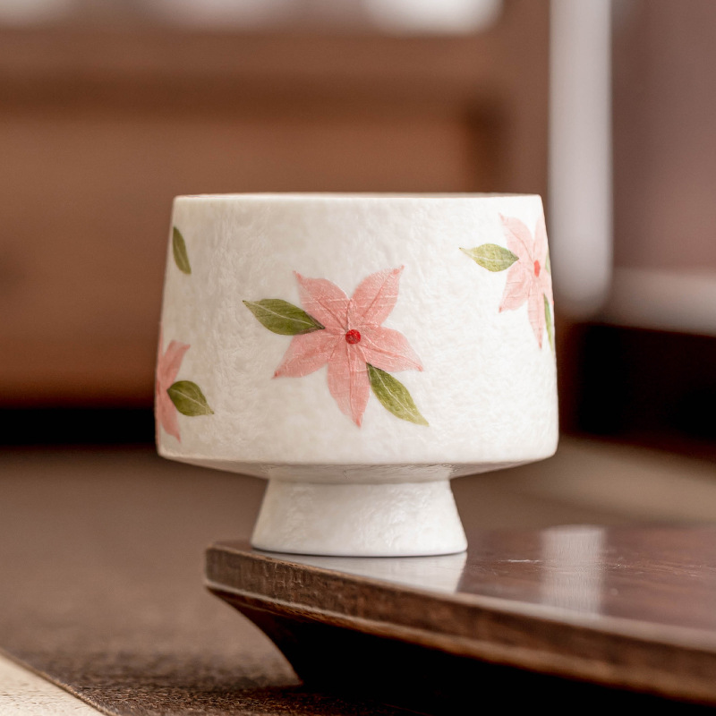 Cốc trà chân cao hoa anh đào trắng mỏ đá, cốc trà gốm sứ, cốc trà kiểu Trung Quốc mới, bộ trà Kung Fu, cốc nữ, cốc đơn