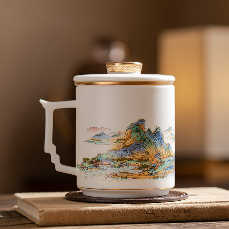 Cốc văn phòng bằng sứ ngọc có nắp của Li Tuting, cốc trà tách nước, cốc hội nghị phong cách Trung Quốc theo xu hướng quốc gia, cốc hội nghị phong cách Trung Quốc theo xu hướng quốc gia.