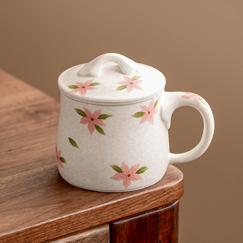 Cốc văn phòng hoa anh đào trắng khai thác đá cốc tách nước trà cốc gốm sứ vẽ tay gia dụng cốc trà văn phòng có nắp