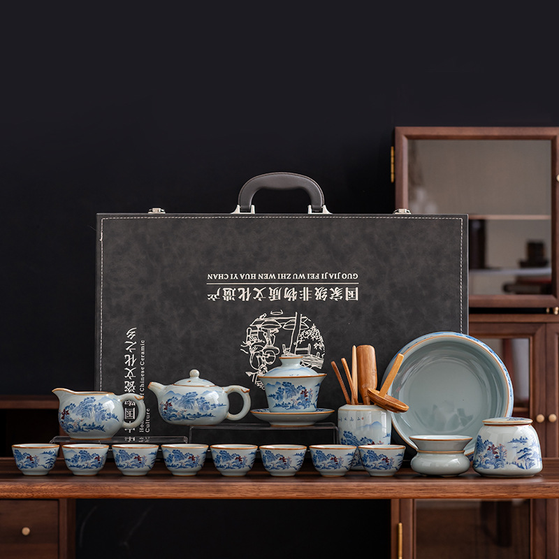 Bộ ấm trà lò Ru kiểu Trung Quốc mới bộ lớn bát có nắp ba tài, gốm sứ mở lát, ấm Xixi Shi, chén trà, quà lưu niệm