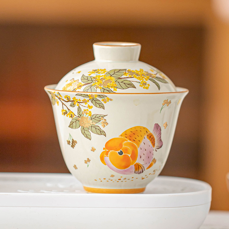 Osmanthus Golden Fish Yuanbao Nắp bát cốc trà lớn bát pha trà gốm sứ hai tài năng có nắp Bộ trà Kung Fu Dụng cụ pha trà đơn