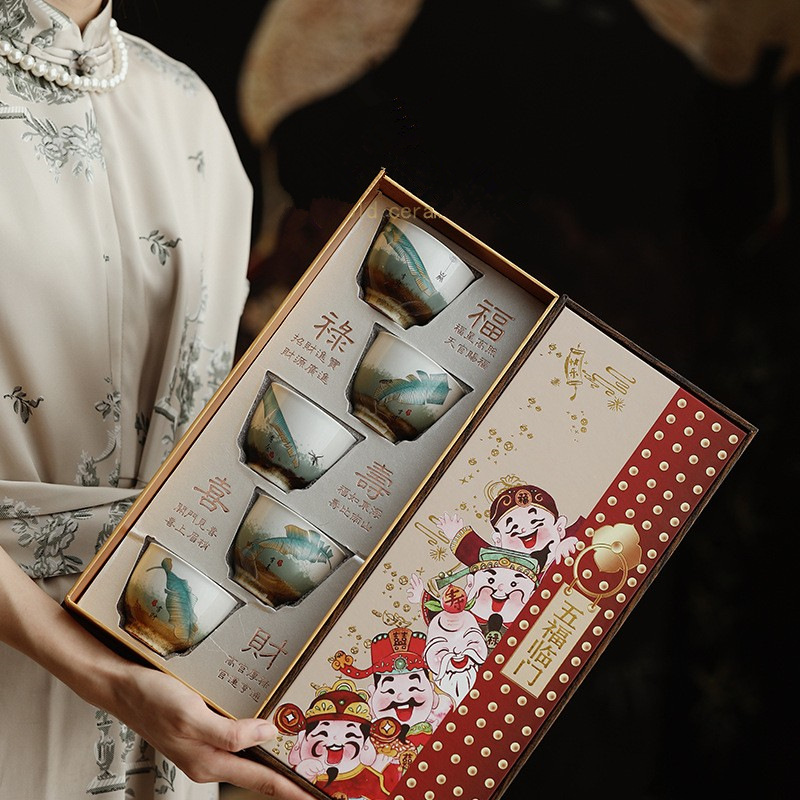Guochao Yaobian Wufu Tea Cup Master Cup Set Home Tiệc tùng Gia đình Chén trà Tiệc mừng sinh nhật cho người lớn tuổi Quà lưu niệm tân gia
